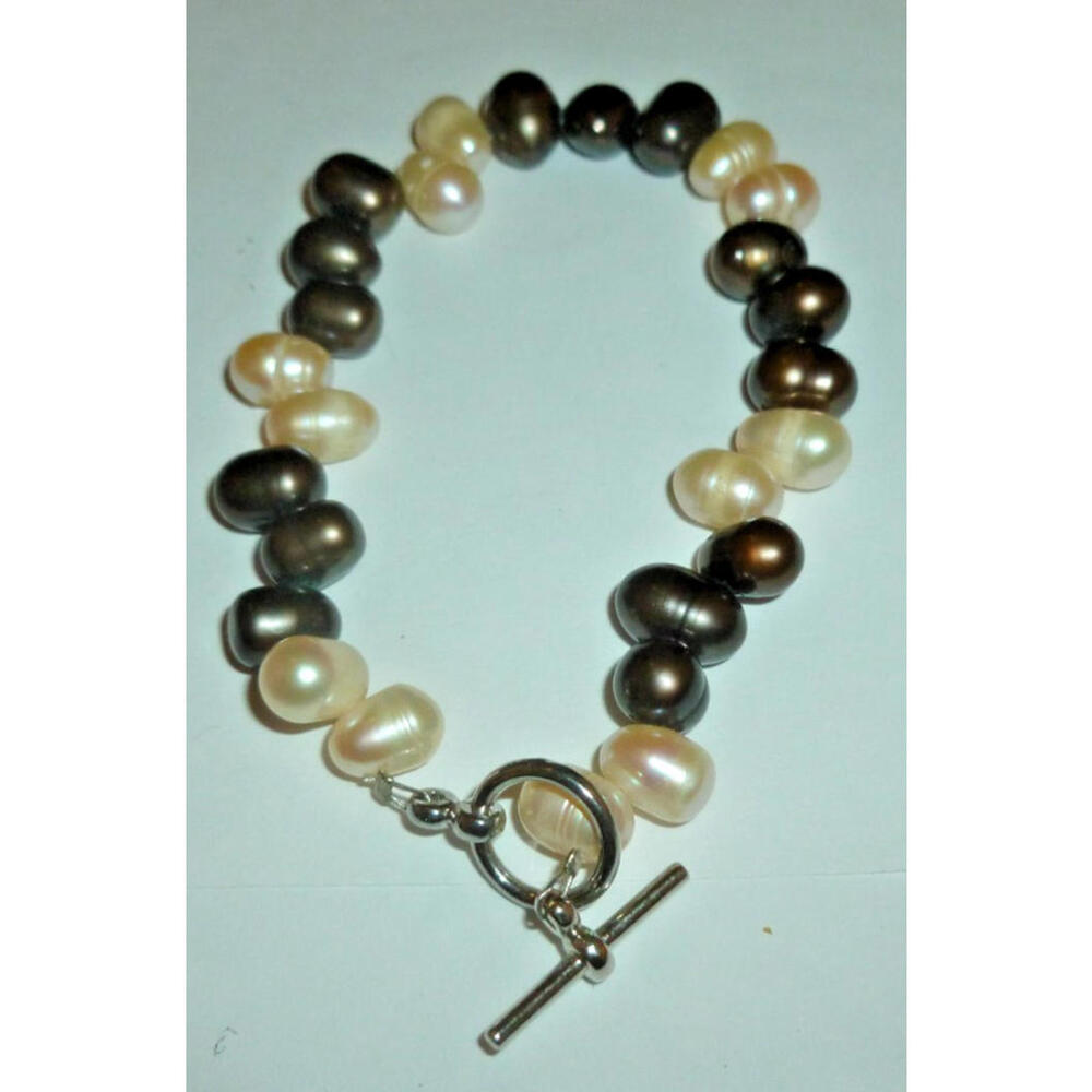 Cultured Baroque Tahitian‎ & White Pearl Toggle Bracelet Silver Tone 7.5"